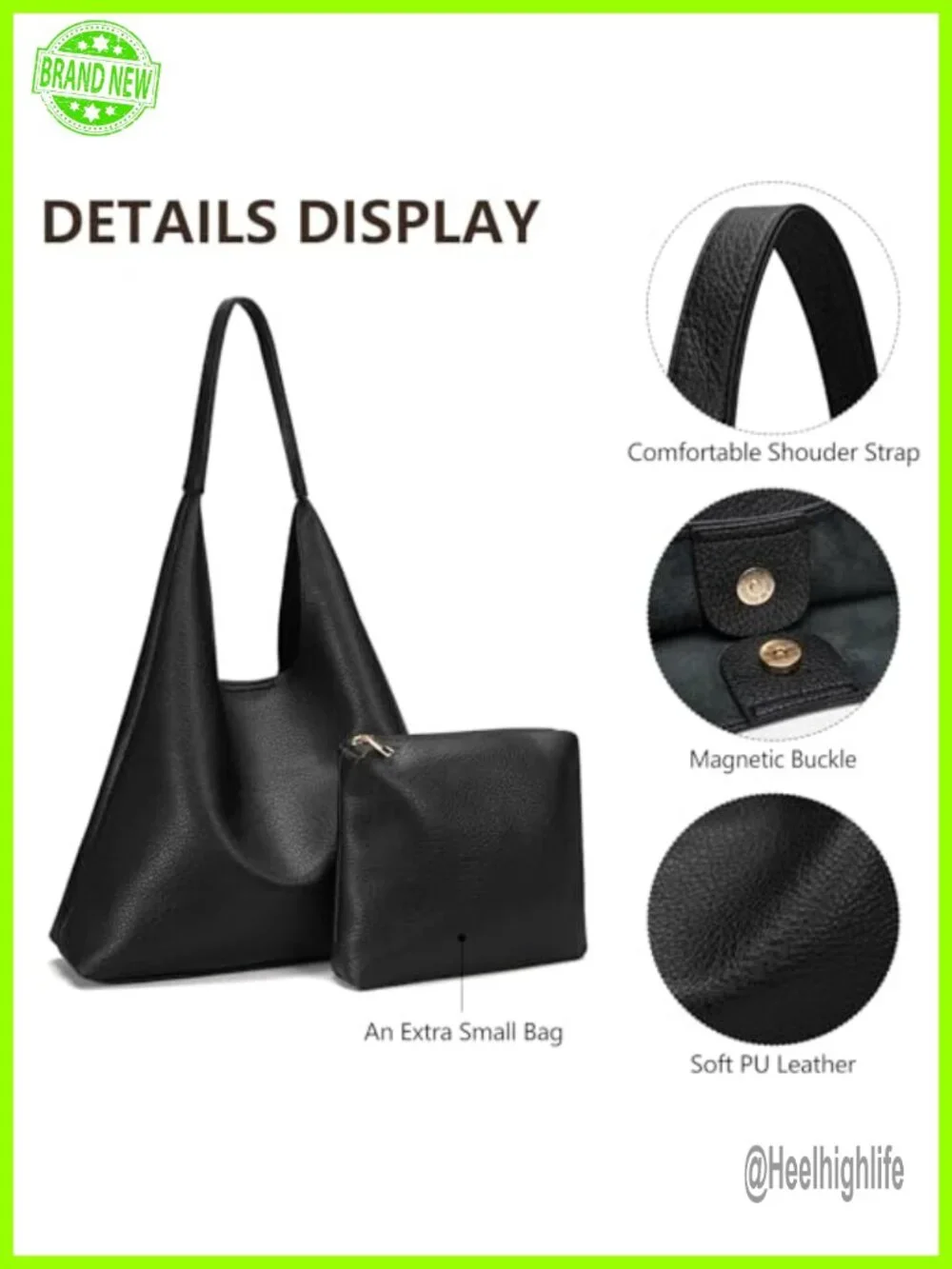 Soft Faux Leather Slouchy Hobo Handbag with Cosmetic Bag Purse